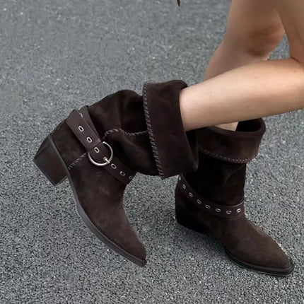 Vintage Suede Western Boots Women 2025 New Summer Pointed Toe Belt Buckle Non-Slip Block Heel Travel Boots