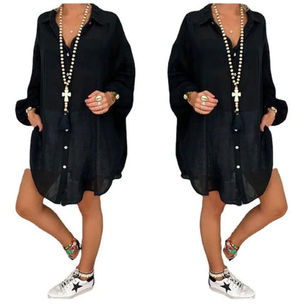 Summer Long Sleeve Shirt Women's Button Loose Casual Shirt Beach Wear Top Swim Cover Up Solid Color Loose Shirts ladies clothes