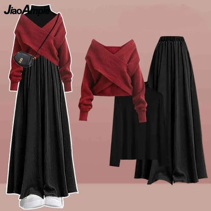 Women's 2026 Autumn/Winter New Fashion In Matching Set Korean Elegant Knitted Sweater+Undershirt+Casual Skirt Pants 3-Piece Suit