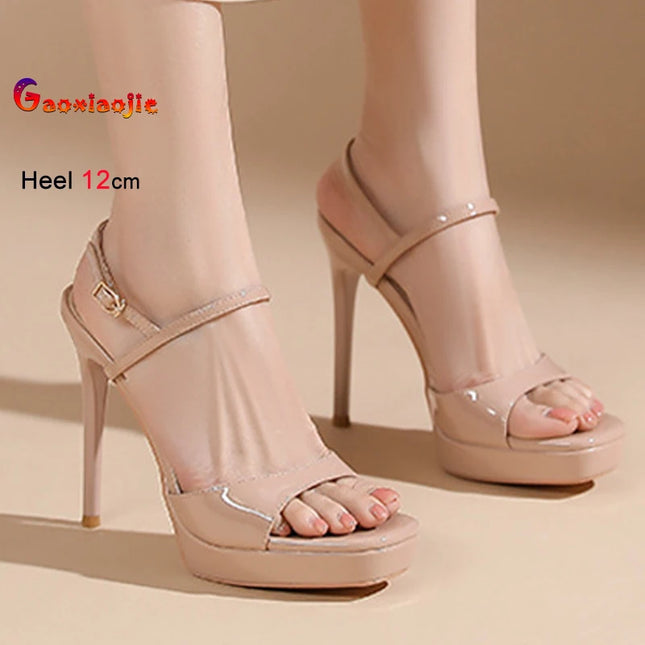 2026 Summer Nude Pink Women's Sandals Round Toe Thin Heels 12/14cm Back Ankle Buckle Straight Open Toe Ladies Pumps Dress Shoes
