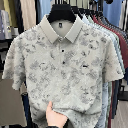 Slim Fit Feather Pattern Polo For Men Embroidered Logo Short Travel Family Gathering And Casual Dating Garment