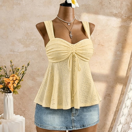 Women Sweetheart Neck Drawstring Ruched Peplum Cami Top Polka Dot Print Sleeveless Casual Camisole Outfit