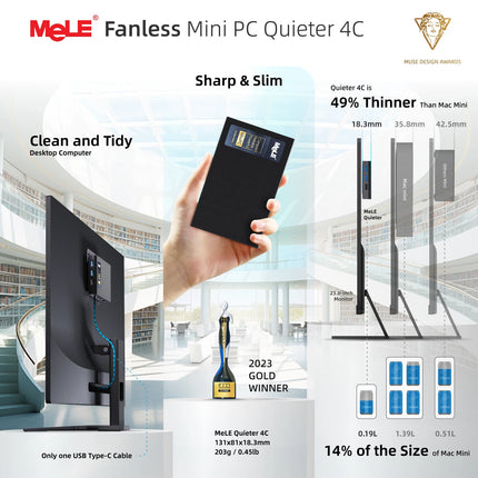 MeLE Quieter4C N150 Fanless Mini PC,8GB RAM DDR4 256GB SSD Micro Desktop Computer,Dual HDMI,Support 4K Triple Display USB3.2,USB-C,WiFi5 BT5.1,Small Portable PC Industrial Business