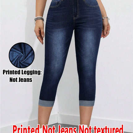 2007 [Printed Pants - Not Denim Fabric] Printed Legging - Not Denim Fabric Women's Imitation Denim Capri Pants Summer Blue