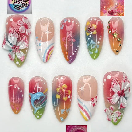 24pcs Almond False Nails Tips Summer Beach Colorful Nails Sets with Pearl Flower Design Press on Nails Art Wearable Fake Nail
