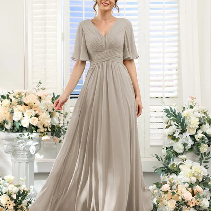 A Line Chiffon Bridesmaid Dresses Short Sleeve V Neck Slit Pleat Elegant Wedding Party Formal Prom Evening Zipper Back