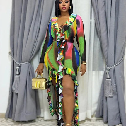CM.YAYA Women Ruffles Splicing V-neck Long Sleeve Bodycon Maxi Long Dress 2026 Autumn Birthday Sexy Club Party Even Dresses