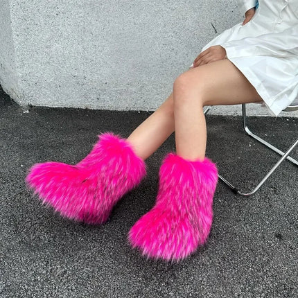 Women Faux Fur Fluffy Plush Furry Boots Comfortable Female Snow Boots Fur Shoes Outdoor Mid Calf Boots