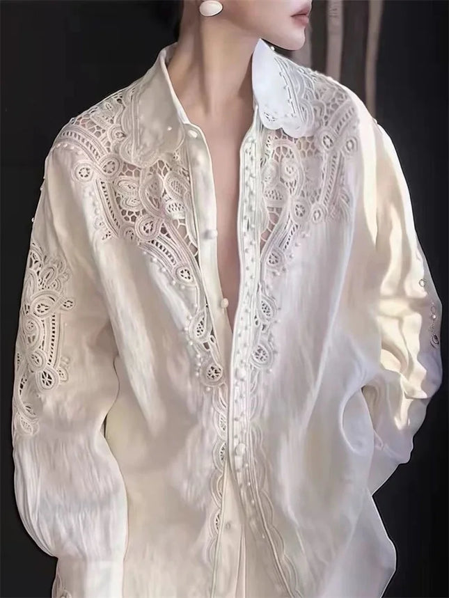 Limiguyue Frühling Herbst Weiß Aushöhlen Hemd Damen Blumenstickerei Blusen Französischer Umlegekragen Einreiher Tops T097