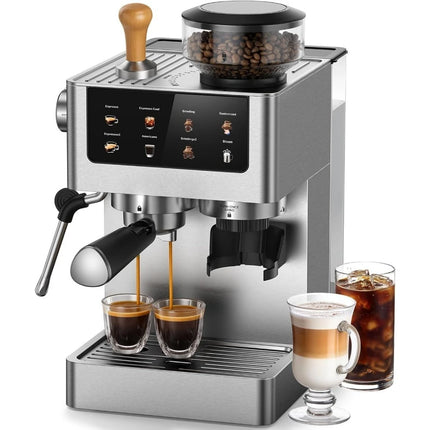 Espresso Coffee Machine 20 Bar with Burr Grinder Milk Frother Wand for Cappuccino Latte Americano and Iced Cold Brew