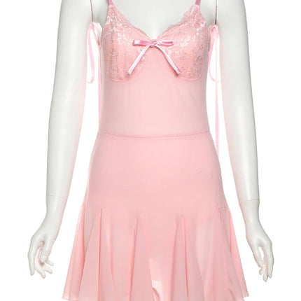 Sweet Lace Patchwork Dress Backless Bow Lace-Up Sleeveless Slim Pleated Solid Midnight Clubwear Party Mini