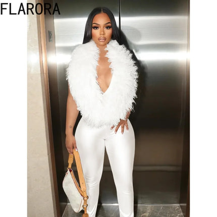 FLARORA Sexy Faux Fur Jumpsuits Woman Halter Deep V Neck Sleeveless Backless Bodycon One Piece Playsuits Elegant Party Clubwear