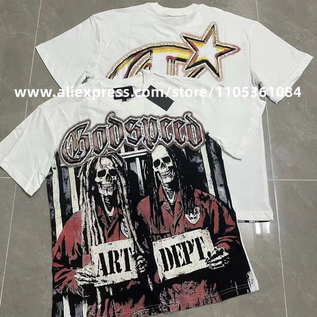 Camiseta de manga corta GODSPEED de algodón suelto para hombre y mujer, estilo urbano americano de verano, con etiquetas, GOD SPEED, Top Hip Hop