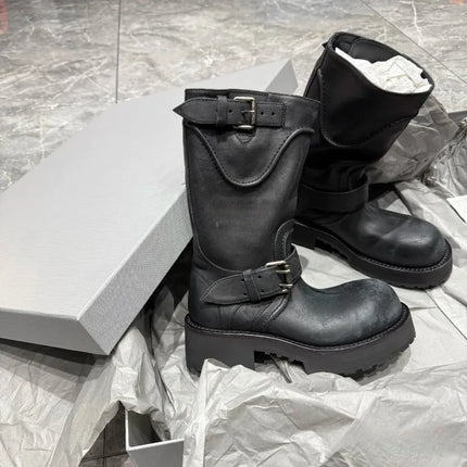 New Women Shoes Luxury Leather Round Head Motorcycle Boots for Woman Fashion Platform Knight Boots Designer Shoes Botas Feminina