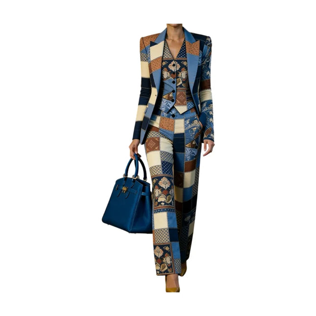 Women's Three Piece Patchwork Printed Lapel Blazer Vest Wide Leg Pants For Business Dinner Street Fashion Occasions