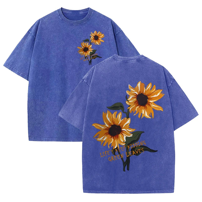 Lift Is Good Schöner Sonnenblumen-Print Gewaschene T-Shirts Damen Weiches Baumwoll-T-Shirt Street Creative Kurzarm Sommer Freizeit-Oberteile