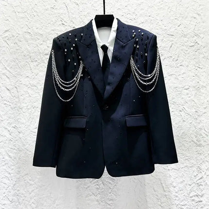PFHQ Metal Chain Diamond Men Suit Jacket High Street Fashion Performance Handsome Male Blazer 2026 Summer New Trend 21P3896