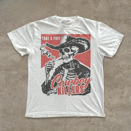Skull Smoking Cowboy Killer T-shirt Fun Skull Pattern Retro Western Punk Style T-shirt Pure Cotton All-Season Couple Top