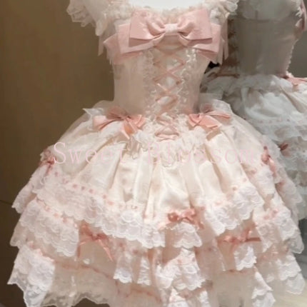 Japanese Sweet Lolita Kawaii  Fluffy Dress Women JK Lovely Ballet Princess Cake Dresses Harajuku Lace Bow Patchwork Cute Outfit