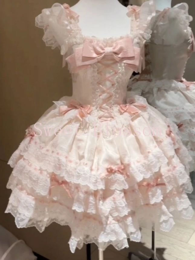 Japanische Sweet Lolita Kawaii Flauschige Kleid Frauen JK Lovely Ballet Prinzessin Kuchen Kleider Harajuku Spitze Schleife Patchwork Süßes Outfit