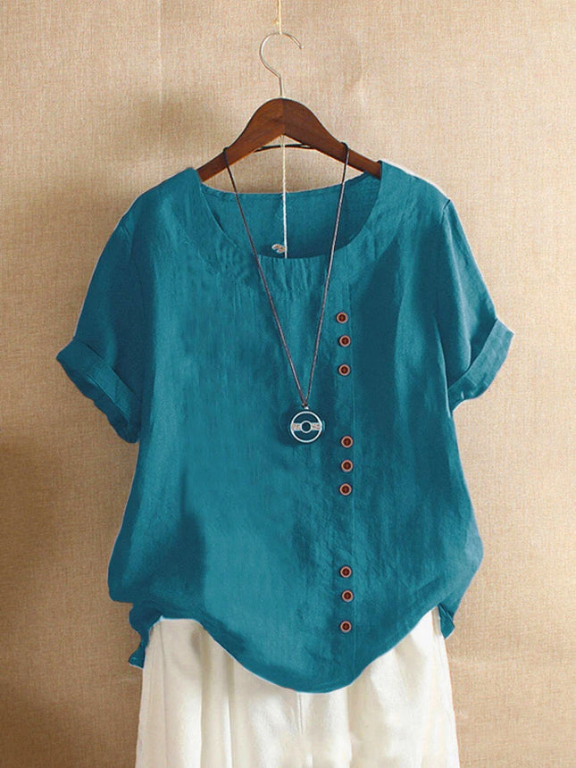Vintage Harajuku Button T-Shirt Lässiges Sommer Kurzarm Baumwoll-Leinen Uni Lose Bluse Elegantes Oversize T-Shirt Streetwear