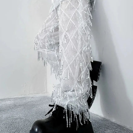 2025 Fashion Sequin Tassel Wide Leg Pants Stage Performance Costume Man Woman Punk Hip Hop Straight Pants Black White Red