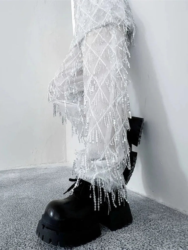 2025 Mode Pailletten Quasten Weite Hosen Bein Hose Bühnen Performance Kostüm Mann Frau Punk Hip Hop Gerade Hosen Schwarz Weiß Rot
