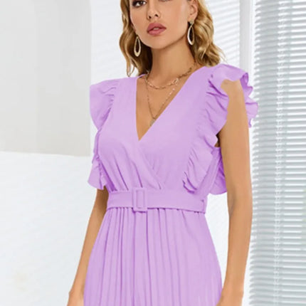 Women's Jumpsuit Long Pants Flying Sleeve V-neck High Waist Belt Cropped Fold Pants Solid Color Temperament Fashion Women's Wear