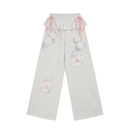 Cute Cartoon Wide Leg Pant Women Lace Patchwork High Waist Sweet Trousers Vintage Japan Preppy Style Fall Winter Kawaii Pants
