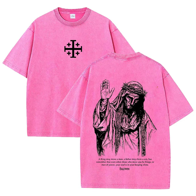 2026 Jesus mit Dornenkrone T-Shirt Vintage Washed Grey Grafik T-Shirt Unisex Lässiges Religiöses Oberteil