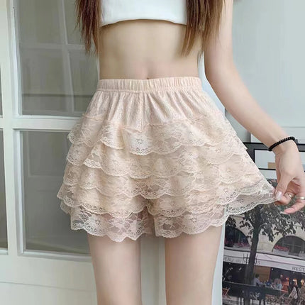 Women’s Layered Ruffle Shorts Casual Elastic Waist Solid Color Lace Bloomers Kawaii Lolita Short Pants
