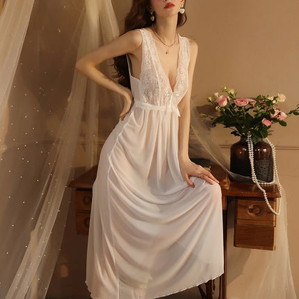Sheer Mesh Fairy Nightdress for Girls Long Sexy Sleepwear Gown with Jacquard Lace Trim Whimsical Home Lounge Set for Women