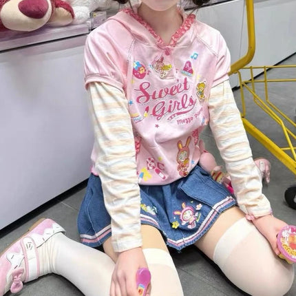 Japanese Kawaii Fungus Edge Fashion Hoodies Y2k Aesthetic Sweet Spliced Striped Long Sleeve Fake Two Piece Punk Print Clothes
