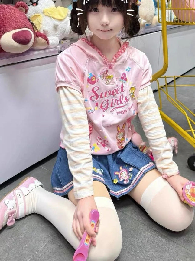 Japanische Kawaii Pilz Edge Fashion Hoodies Y2k Ästhetische Süße Geteilte Gestreifte Langarm Fake Two Piece Punk Print Kleidung