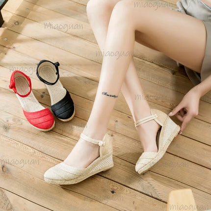 Linen Espadrille Women's Wedge Sandals Ankle Strap Breathable Lightweight Summer Footwear Female Roman Fashion Sandals Size 34