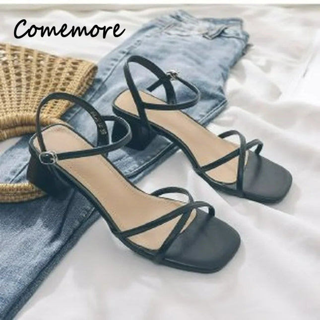 Comemore Comfortable 2023 Summer Block Heel Women's Sandals Girl Shoes Black Outer Wear Fashion Elegant Medium Heels Footwear 40