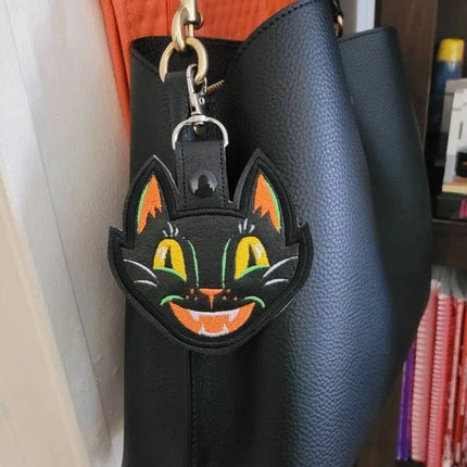Vintage Halloween Scaredy Black Cat - Embroidered Vinyl Keychain
