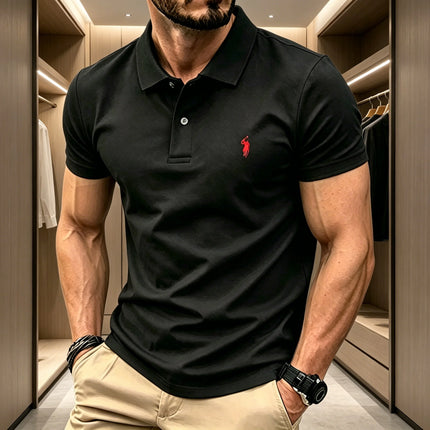 Men Breathable Fabric Solid Color Lapel Polo Shirt Short Sleeve Business Casual Tops With Mini Rider Figure Embroidery On Chest