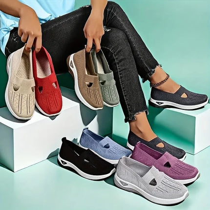 Women's cutout knit slip-on sneakers displayed in assorted colors
