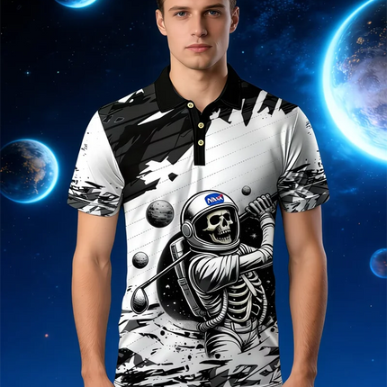 Space Astronaut Skeleton Golf Polo Shirts Lightweight Quick Dry Casual Collared Tee For Men Street Style Daily Wear Man T Shirt