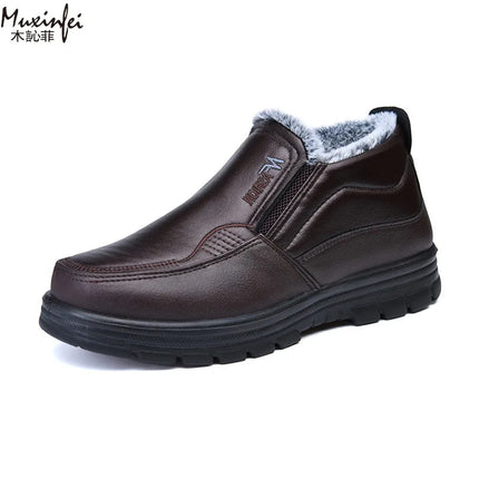 2025 Winter New Leather Boots Waterproof Anti Slip Snow Boots Men's Cotton Shoes Warmth Thickened Cotton Short Boots