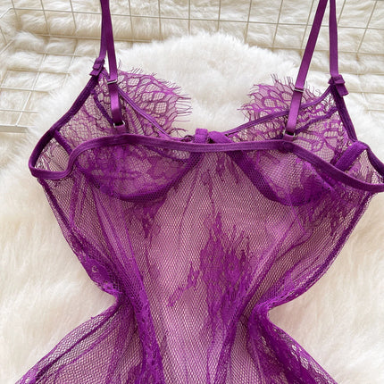 Woman Fashion Thin See Through Slim Fit Pure Desire Dress Women New Vintage Sexy Halter Mesh Embroidery Purple Long Dress