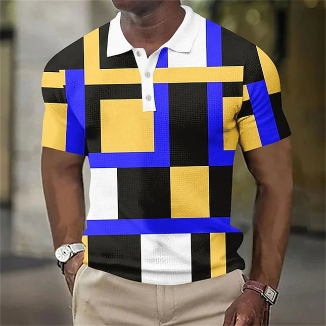 Fashion Men's Polo Shirt 3d Geometric Splicing Graphic Print Casual Mens Polo Shirt Button Lapel Short Sleeve Street Men Clothes