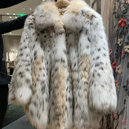 Leopard Faux Fur Cardigan Fox Fur Coats Loose Thick Warm Fur Outerwear Spliced Turn Down Collar Overcoat High Street Winter