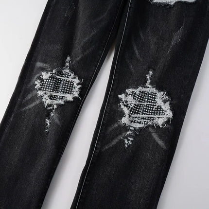 Gray Distressed jeans Holes Paisley Bandanna Patchwork pants Skinny Stretch Ripped Jeans Men