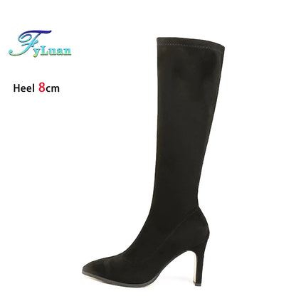 Spring Autumn Elastic Leather Boots For Women 6CM 8CM High Heels Side Zipper Knee-high Boors Fashion Pointed Winter Woman Shoes