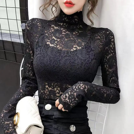 Autumn Winter High Neck Lace Long Sleeve Thick & Thin Fleece Basics Tops Elegant T-Shirt Trend Slim Sexy