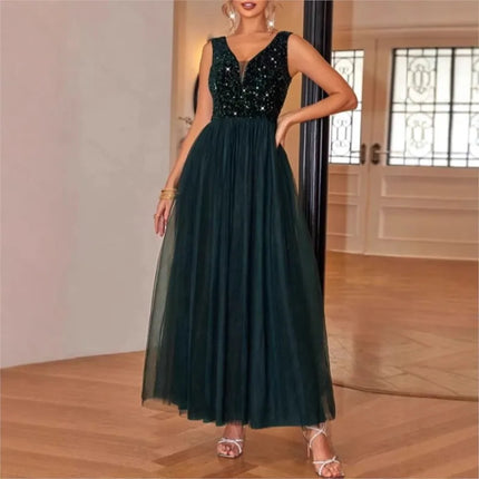 Women's Summer New Dress V-neck Sleeveless Solid Color Dress Fashion Sexy Glitter Mesh Stitching Swing Dress
