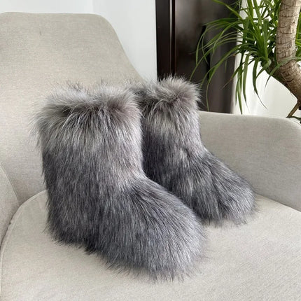 Women Faux Fur Fluffy Plush Furry Boots Comfortable Female Snow Boots Fur Shoes Outdoor Mid Calf Boots