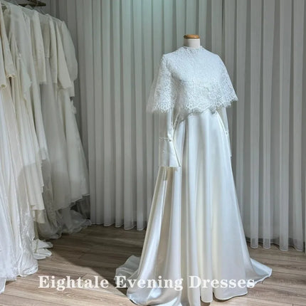Eightale Vintage Wedding Dress High Neck Long Sleeves Lace Customized Ivory Satin Bridal Gown Bride Party Dress Vestido De Novia